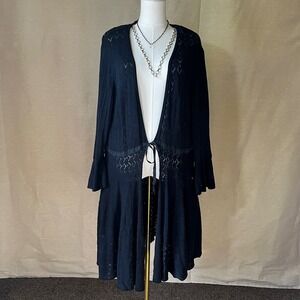 Nine West Woman 3X Black Silk Blend Pointelle Knit Duster Cardigan